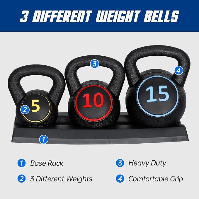 F2C 3-Piece Kettlebell Set with Storage Rack 5lb, 10lb, 15lb Weights HDPE Coated Concrete Kettlebells Core Training for Home Gym Exercise Fitness