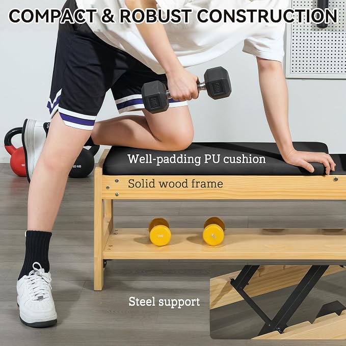 Soozier Adjustable Weight Bench with Dumbbell Rack Wooden Gym | Flat or Incline Design, Home Gym Weight Lifting Training