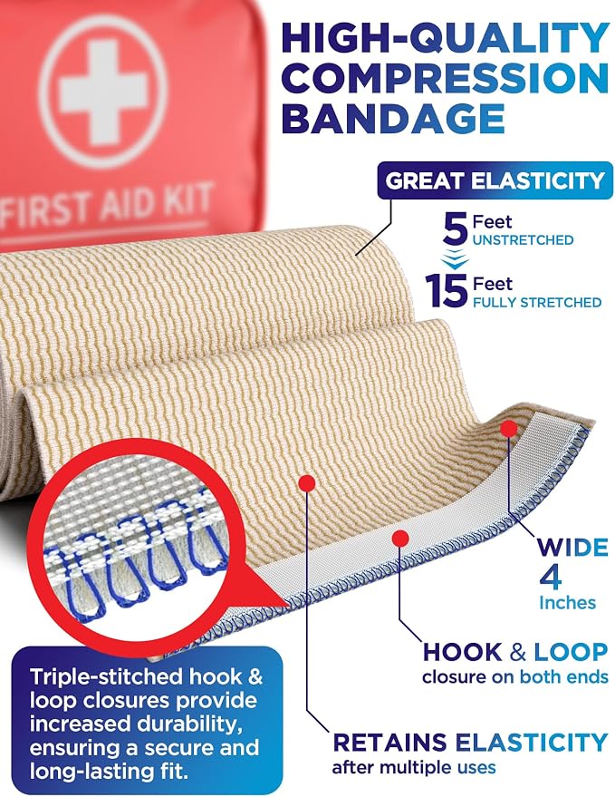 Premium Elastic Bandage Wrap - 4” (2pk) - Self-Closing Compression Bandage | Reusable Bandage Wrap for Leg, Ankles, Wrists, and Knees - For First Aid Kit and After Surgery Recovery - Latex Free