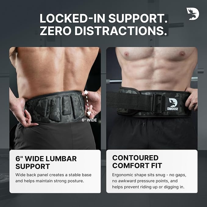 DMoose Fitness Weight Lifting Belt for Squats, Deadlift & Intense Workout - 6" Adjustable Fit Auto Lock Weightlifting Belt for Men & Women - Neoprene Gym Belts for Stability & Lumbar Back Support