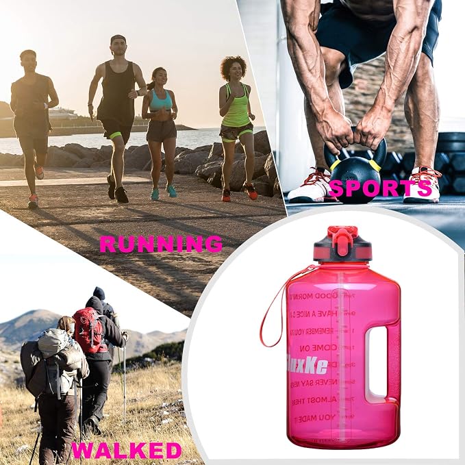 SLUXKE 1 Gallon Motivational Sports Water Bottle with Time Marker, BPA Free 128oz Leak Proof Jug, Black, Plastic, 128 ounces, Fitness, Sports, Outdoor Activities