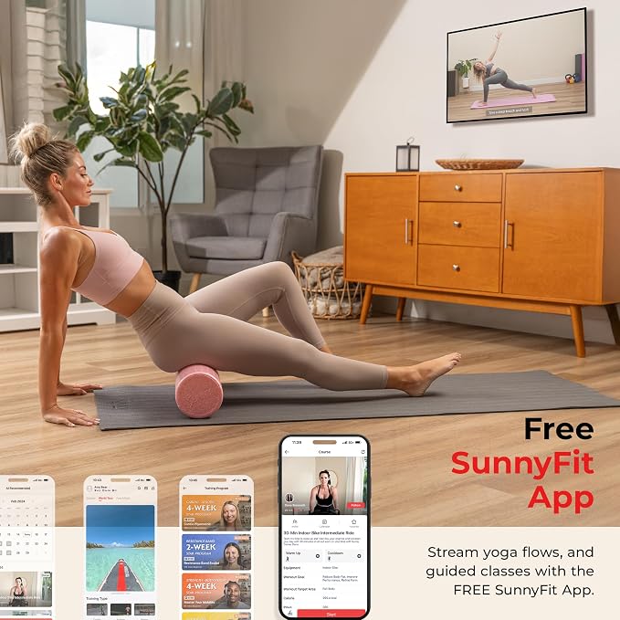 Sunny Health & Fitness 12" Pink High-Density Yoga Foam Roller | Muscle Relief, Physical Therapy, Post-Workout Recovery, Improved Flexibility, Home, Gym, Rehab Use, Full-Body Use