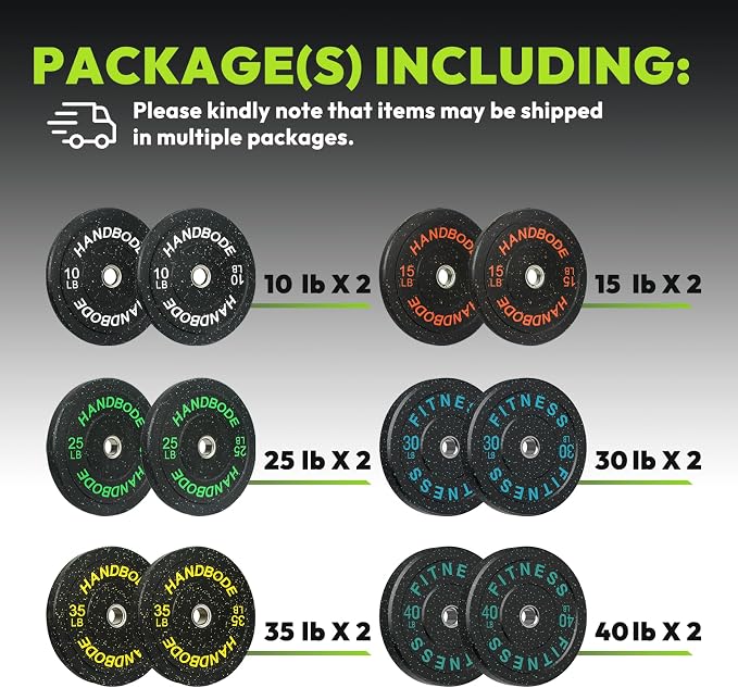 HANDBODE 2-Inch High-Bounce Bumper Plates, Olympic Weight Set, 10-650 lb | Barbell Weight Plates Set for Home Gym, Colored Weights Rubber Strength Training Plate for Weight Lifting