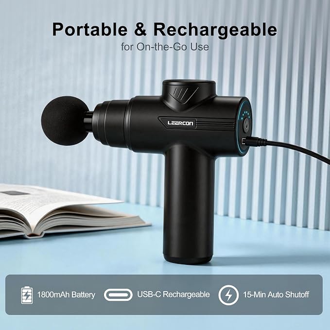 LEERCON Massage Gun Deep Tissue, Mini Muscle Massager Gun for Pain Relief | Electric Back Massager for Athletes with 8 Massage Heads and 6 Speeds 1800mAh Portable Gift for Men Women Dad Mom
