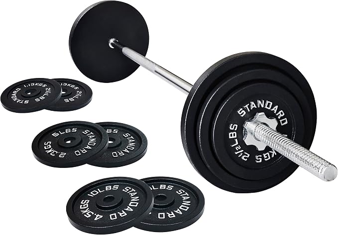 Fitvids Cast Iron Standard Weight Plates Including 5FT Standard Barbell with Star Locks, 45-Pound Set (35 Pounds Plates + 10 Pounds Barbell), Multiple Styles