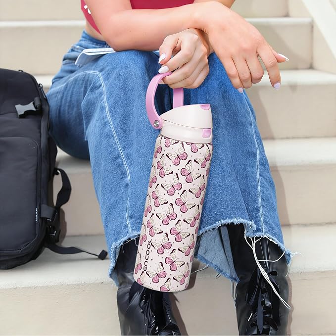 ENCOOL Leakproof Insulated Water Bottle with Straw Dual-Sip Water Bottle Bag-Safe Design for Work, Commute & Gym – Keeps Drinks Cold All Day, 32 oz, Blush Butterfly
