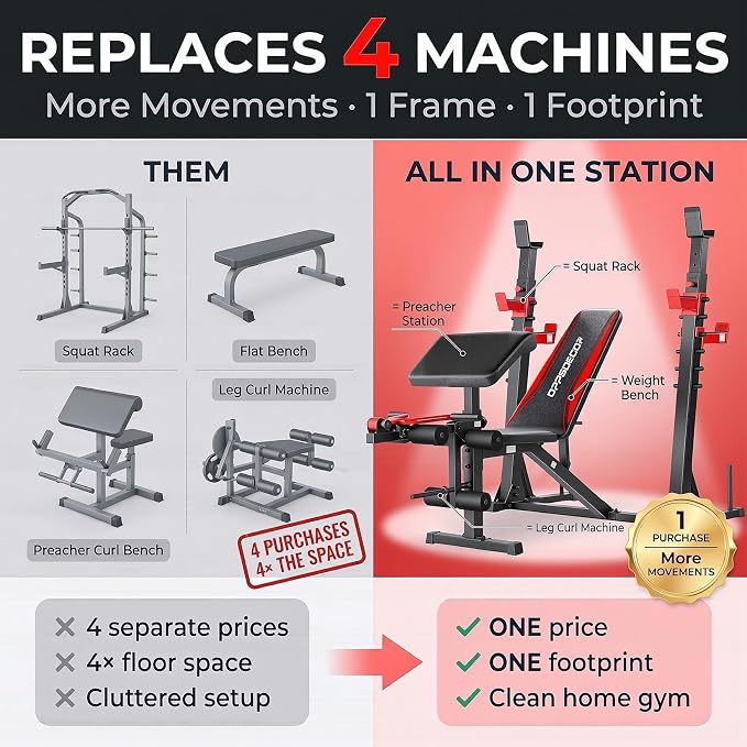 OPPSDECOR 3.0 Pro Weight Bench Set for Home Gym, ASTM-Certified 900 LBS Bench Press Set with Leg Extension, Preacher Curl Pad, Barbell Rack, J-Hooks and Safety Bar Catches for Full Body Workout