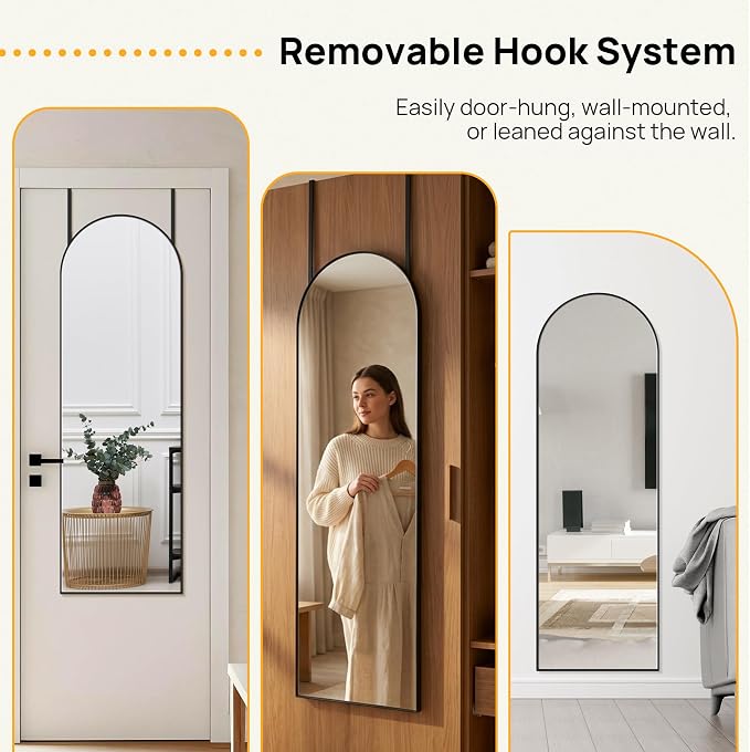 Black Arched Over The Door Mirror for Hanging, 47x14 Full Length Mirror | No Drill Door Hanging Setup for Closet, Bedroom Decor, Room Decor and Apartment Styling, Shatter-proof Glass