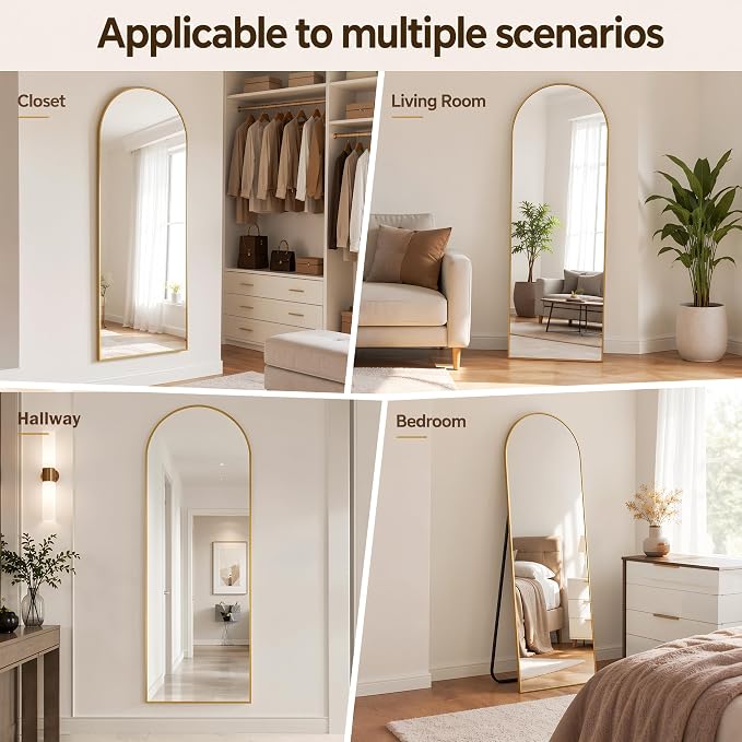 Antok Full Length Mirror, 44"x82" Floor Mirror with Stand, Hanging Mounted Mirrors for Bedroom, Living Room, Cloakroom, Dining Rooms, Gold, Arched