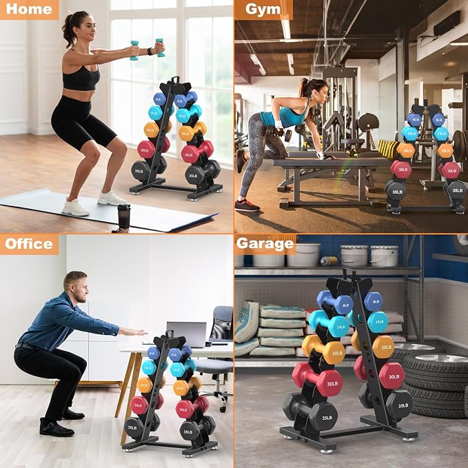 TomCare 6-Tier|5-Tier|4-Tier|2-Tier Dumbbell Rack Stand Only for Home Gym | Stable A-Frame, Fits 5–35 lb Dumbbells, Protective Padded Cradles, Adjustable Feet, Easy-Carry Handle (Stand Only)