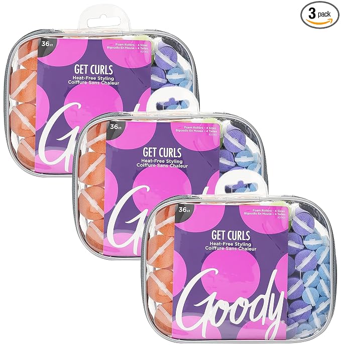 Goody GoCurl Foam Hair Rollers, Assorted Colors, 36 Count (Pack of 3)