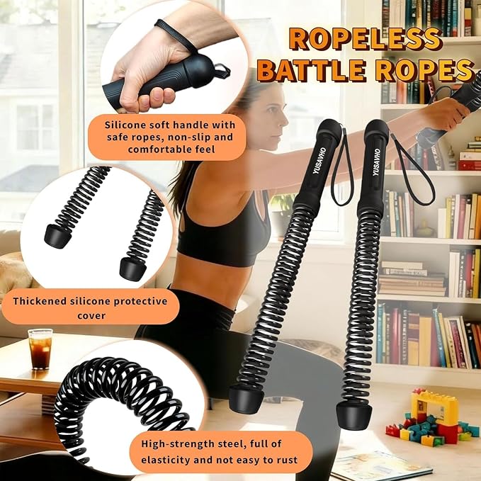 Ropeless Battle Ropes for Home Gym-Portable Cordless Training Rope Fitness Equipment for Men&Women,Weighted Workout Gear for Upper Body Cardio,Low-Impact Exercise Ropes for Small Spaces (Black)
