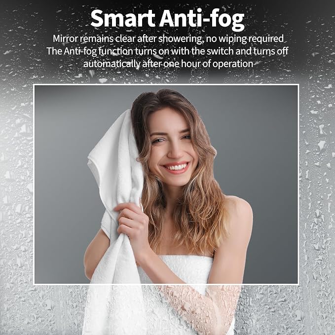Koonmi 48x32 LED Bathroom Mirror with Light, Anti-Fog, 3 Colors | Backlit + Front Lit, Dimmable Brightness, Shatterproof HD Distortion-Free Tempered Glass, Hardware Included