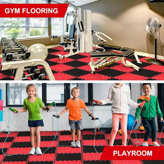 Ecally 200 Pcs 12 x 12 Gym Mat Foam Floor Mats for Home Gym Covers 96 Sq Ft Puzzle Exercise Square Interlocking Carpet Tiles with Border for Workouts Equipment Yoga Pilates (Black,Red)