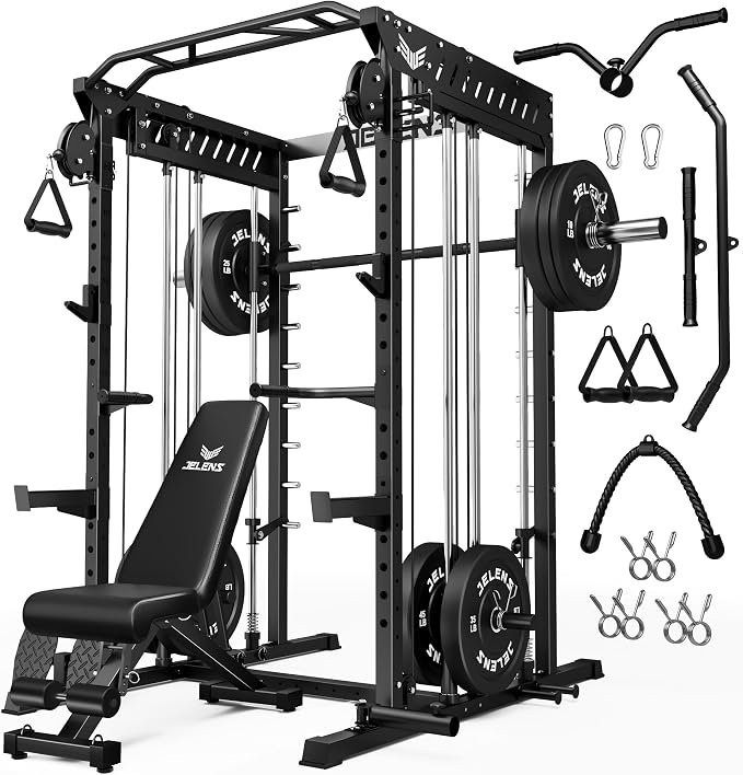 JELENS M21 Smith Machine, Multi-Function Power Cage with Dual Pulley Cable Crossover System, 2000LBS All-in-One Squat Rack with Smith Bar and Attachments for Home Gym