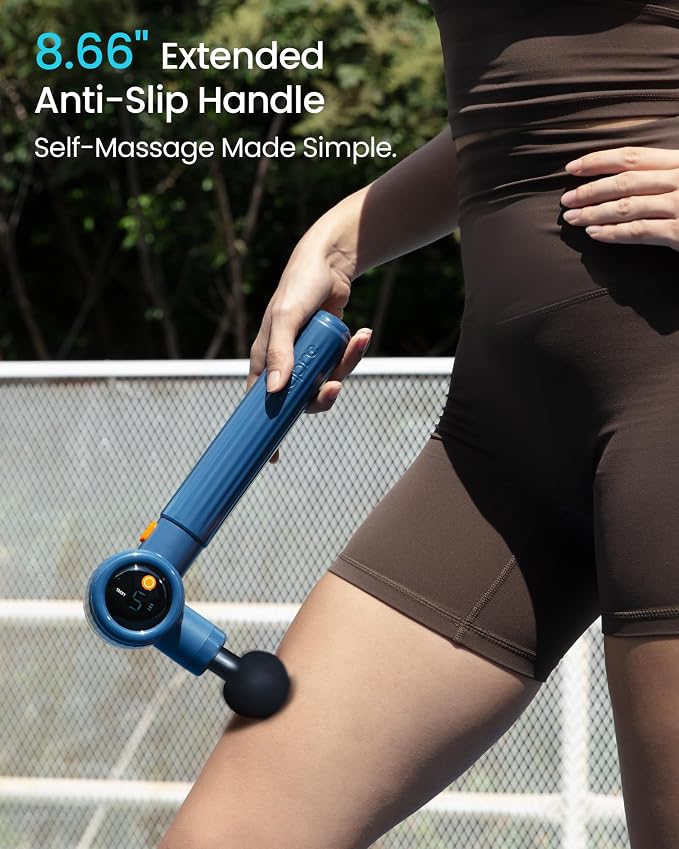 NAPRE Massage Gun with Extension Handle,Massage Gun Deep Tissue | Handheld Percussion Muscle Massager for Back Neck Pain Relief,3 Adjustable Angles,5 Speeds,6 Heads,Case,Blue