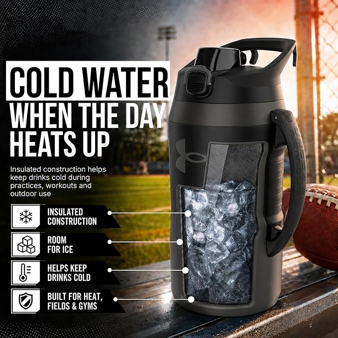 Under Armour Insulated Water Bottle with Handle & Fence Hook, Half Gallon Sports Water Jug, Leak-Resistant & BPA-Free for Baseball, Football & Gym - Jet Grey/Black, 64oz