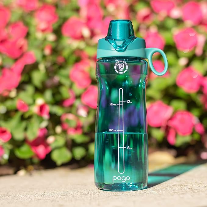 Pogo BPA-Free Tritan Plastic Water Bottle with Chug Lid,18 Oz, Teal | Leakproof water bottle with chug lid and carry handle. BPA-free, great for travel, school, outdoors, and gym.