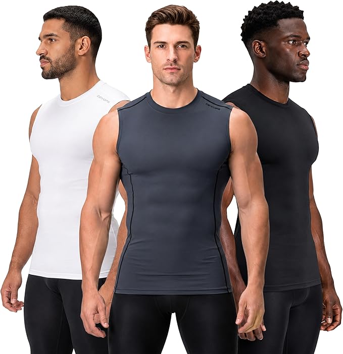 DEVOPS 3 Pack Men's Compression Shirts Sleeveless Tank Top Baselayer | Gym Training, Running, Moisture Wicking, Compression Fit, 4-Way Stretch, UPF 50+, Sleeveless