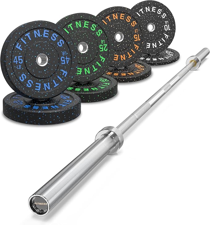 HANDBODE Olympic Barbell Set, 2-Inch Bumper Plates with Weight Plate Rack | Colored Crumb Rubber Weight Plates for Weight Lifting & Strength Training, 90–530 lb Set with 45 LB (20 kg) Olympic Barbell
