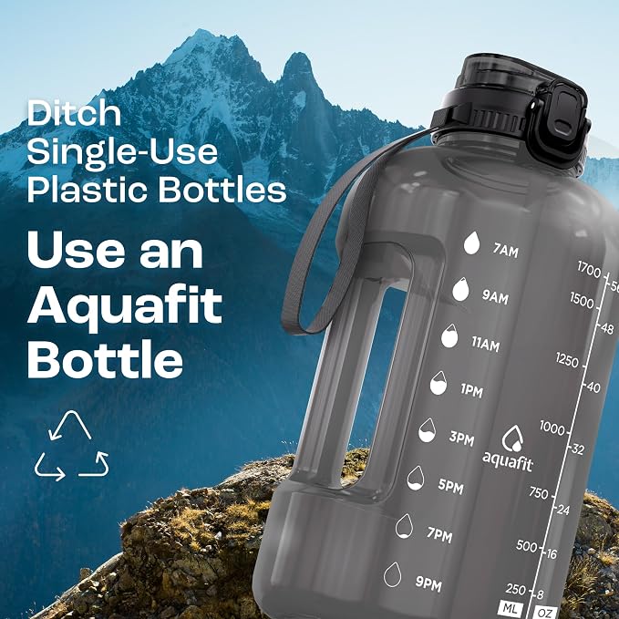 AQUAFIT Half Gallon Water Bottle with Time Marker, 2in1 Lid | BPA Free 64 oz Water Jug with 2in1 Straw and Chug Lid - Leakproof Gym Water Jug with Carry Handle (Lilac)