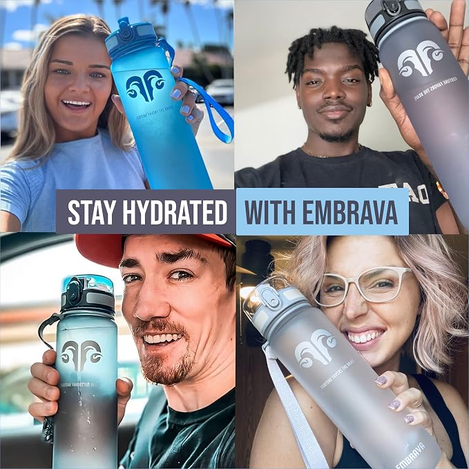 Embrava Sports Water Bottle 32oz - Fast Flow Flip Top Lid - BPA & BPS Free Leakproof Reusable - Lightweight Non-Toxic Tritan Plastic 1 Liter - Gym Hiking Office School Travel