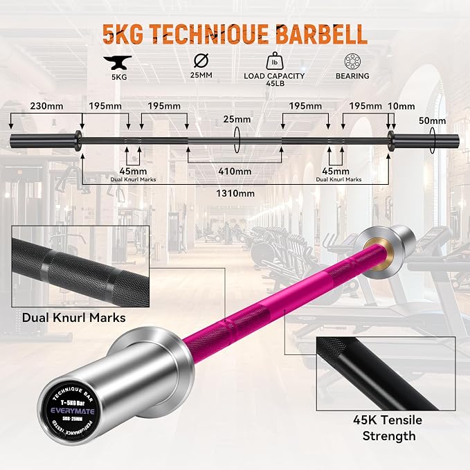 EVERYMATE 5LB Mini Barbell Bar Beginner Women Kid Barbell Total Body Workout Weighted Bar,for Strength Training, for Youth Children New Weightlifting