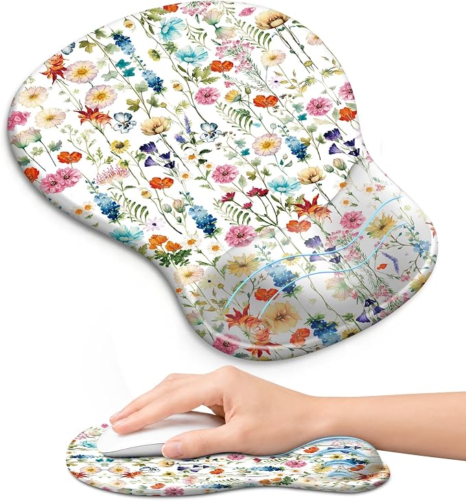 Ergonomic Mouse Pad with Wrist Rest, Gel Wrist Support, Wildflowers | 10.2 x 7.6 in Mouse Pad with Smooth Fabric Surface and Non-Slip Rubber Base for Office, Home, Study, and Gaming