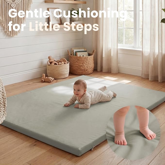 Huloo Sleep Baby Play Mat 74x50 Inches, 1.3" Thick Padded Waterproof Floor Cushion & Playpen Mat with Vegan Leather, Non-Slip & Non-Toxic Nursery Rug for Infants, Toddlers & Kids(Grey)