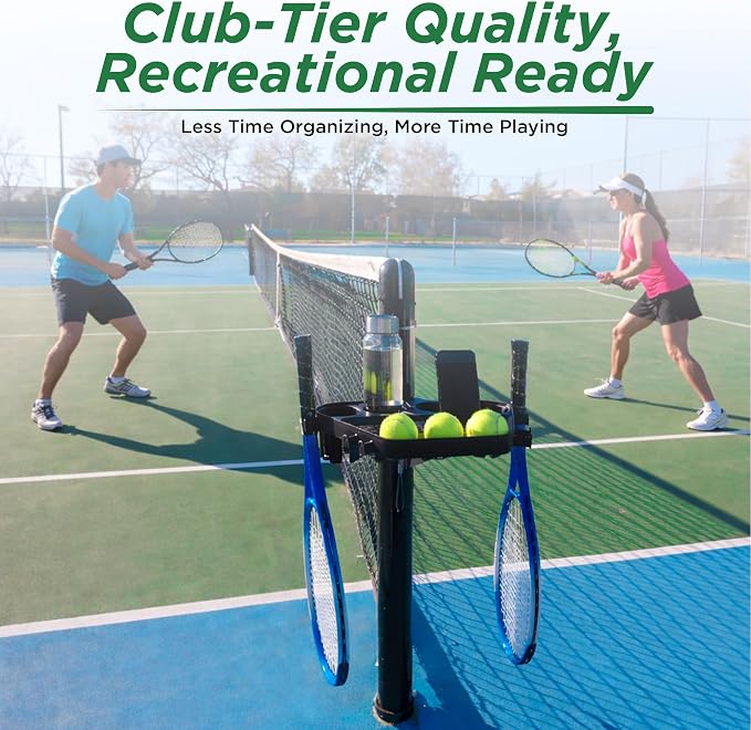 Grand Slam Court Caddie - Tennis and Pickleball Court Organizer for Fence and Net Post - Cup Holders, Phone Storage, Ball Slots, Racquet Hooks and Dual Waste Basket Mount - Weather-Resistant