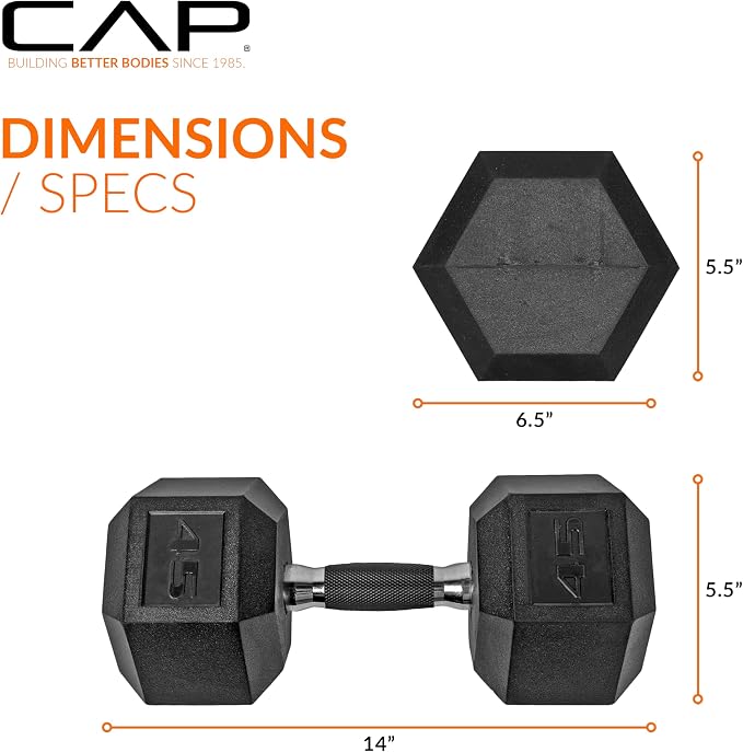 CAP Rubber Coated Dumbbell Weights, Free Weights for Home Gym Strength Training, Anti-Roll Hex Dumbbells with Black, Chrome & Comfort Grip Handles, Pairs & Sets