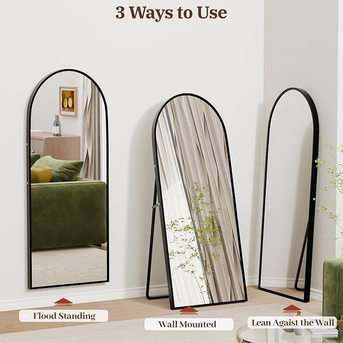 56"×18" Full Length Mirror, 2 Pcs Shatterproof Tempered Glass Floor Mirror, Alum Alloy Thin Frame Standing Mirror with Freestanding/Leaning/Wall Mount for Bedroom, Living Room & Entryway, Black