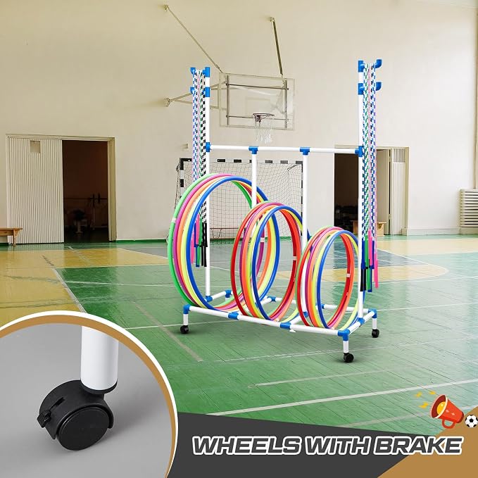 Hoop Rope Cart Plastic Hoop Jump Rope Rack Cart with Wheels PE Equipment Rack for Elementary School Primary School Movable Garage Rolling Ball Holder Gym Sports Gear, 48 x 74 x 21.65 Inch