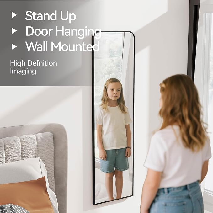 SCWF-GZ 57x16 Full Length Mirror Over The Door Hanging, Floor Stand/Wall Mounted Aluminum Alloy Frame Dressing Mirror for Bedroom Living Room 57 inch Black