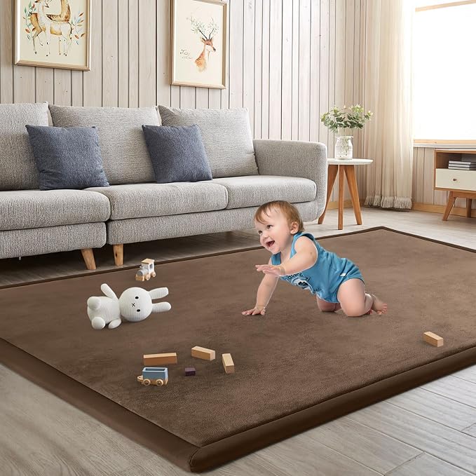 Baby Play Mat for Floor Nursery Rug Muscle Mat Area Rug Playroom Rug 65"x50" Playpen Mat Elastic Foam 1.3" Thick Crawling Mat for Babies,Toddlers, Infants, Kids,Chestnut