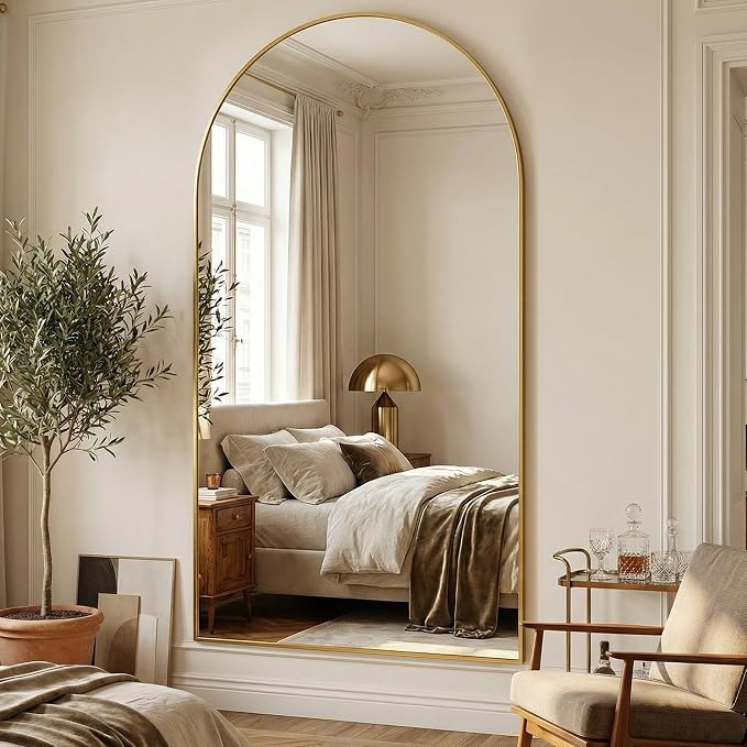 Suidia 82"x44" Arched Full Length Mirror with Stand, Full Body Mirror with Aluminum Frame, Freestanding/Leaning/Wall-Mounted, Floor Mirrors for Bedroom, Living Room, Entryway, Dressing Room, Gold