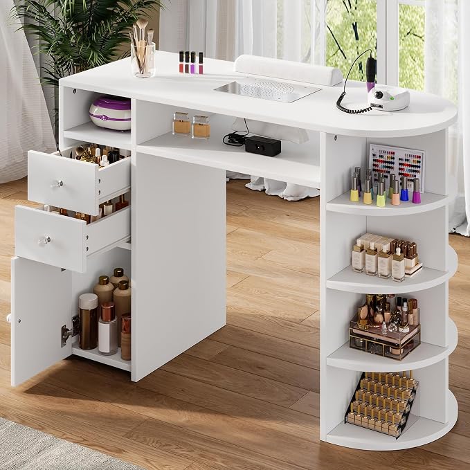 Nail Desk with Dust Collector & Power Outlet, Manicure Table with Display Rack,Professional Salon Station with Drawers and Cabinet,Acetone Resistant Top, Nail Table with Wrist Cushion for Nail Salon