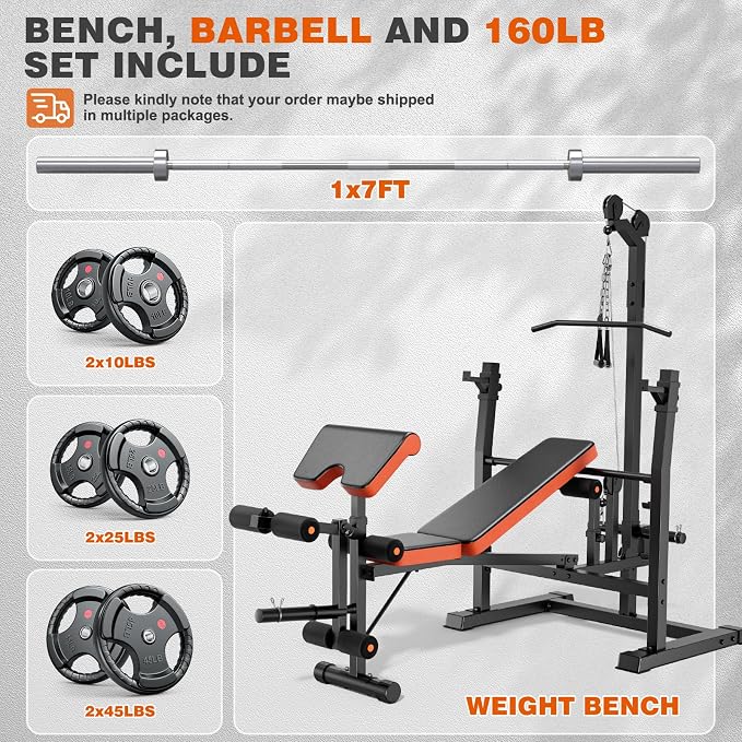 XDDIAS 9-in-1 Olympic Weight Bench Set with Lat Pulldown, Rowing, Squat Rack, Leg Extension/Curl, Preacher Pad, 900LB Adjustable Bench Press for Home Gym Weight Lifting Full-Body Workout