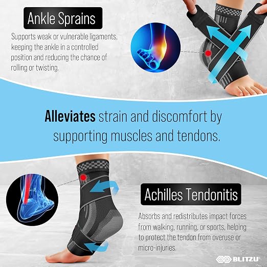 BLITZU Ankle Brace for Men & Women, Foot Compression Sleeve w/Arch Support | Open Toe Socks, Stabilizing Wrap for Torn Ligaments, Sprained Ankle, Achilles Tendonitis, Arthritis, Recovery, Sport, Fitness