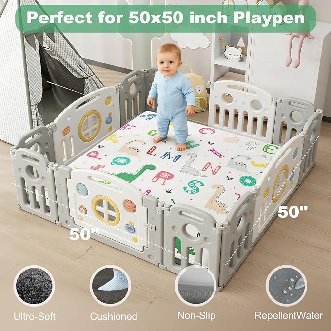 1.3" Thick Baby Play Mat for Floor, Elasti-Foam 50x50 Playpen Mat, Water Repellent Ultra Soft Coral Velvet Tummy Time Crawling Mats for Kid Toddlers Infants, Non-Slip Backing Safe Alphabet Zoo