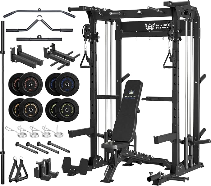 MAJOR FITNESS F22 Power Rack, 1600lbs All-in-One Squat Rack with Dual Pulley System, Heavy-Duty Steel Frame, Attachments & Storage for Home Gym Strength Training