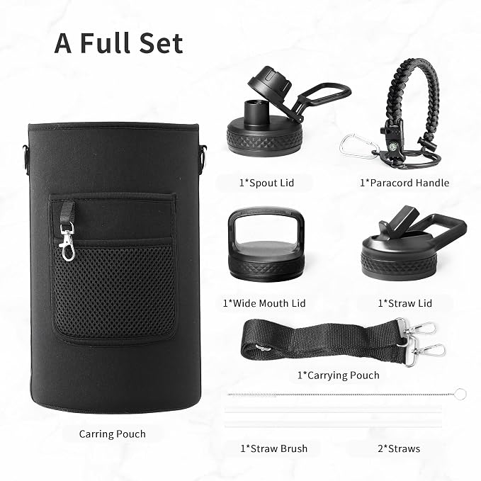 Trebo One Gallon Water Bottle Insulated with 3 Lids, Paracord Handle & Bag | 128 oz Large Stainless Steel Water Jug, Triple Wall Vacuum Copper Plated, Dishwasher Safe, Keeps Cold 48 Hrs for Hiking, Gym