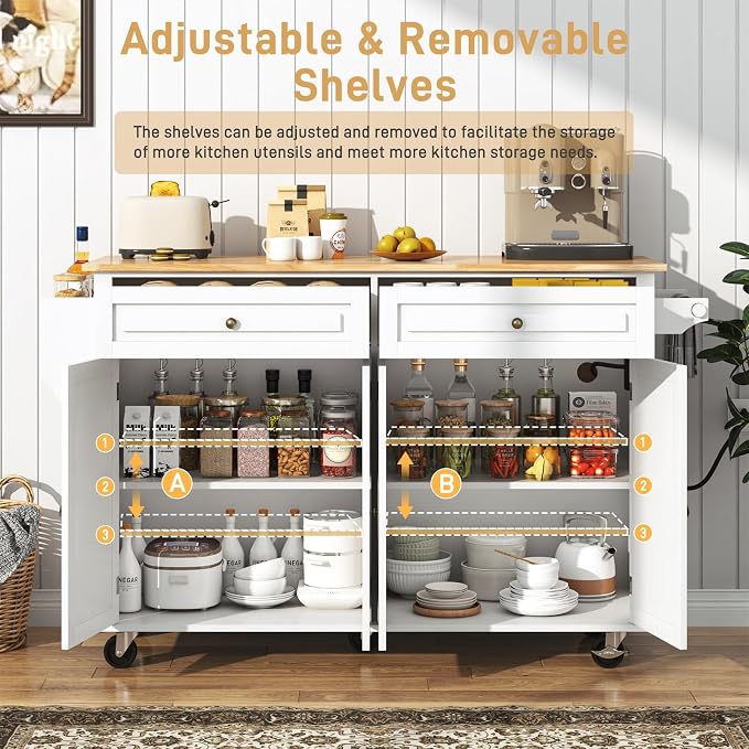 Hlivelood 59.1" Movable Kitchen Island with Drop Leaf and Power Outlet, Rolling Island Cart w/Storage Cabinet, Island Table on Wheels for Kitchen w/2 Drawers, Spice Rack, Towel Bar, Garage Hook, White