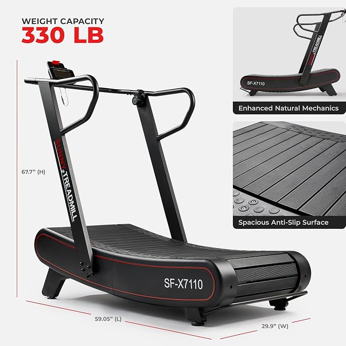 Sunny Health & Fitness Smart Curved Treadmill Ergonomic and No Speed Limit | Commercial Grade, Adjustable Magnetic Assistance, Unlimited Speed, SunnyFit App Connectivity, 330LB Capacity