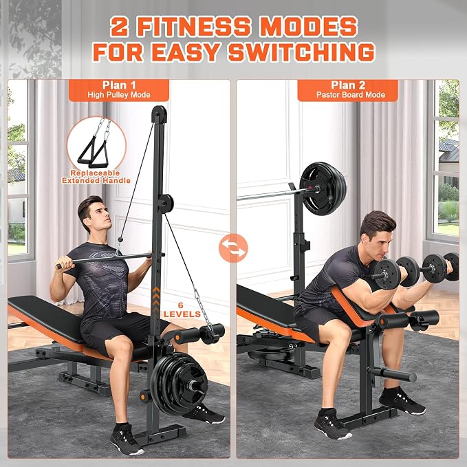 Fostoy Olympic Weight Bench with Lat Pulldown, Squat Rack & Leg Curl | Adjustable,Cable Row, Squat Rack, Leg Developer, Preacher Curl, Multi-Angle Backrest, Full Body Strength Training