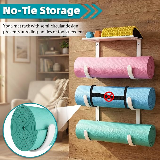 Yoga Mat Holder Wall Mount, No Tying, No Straps | Rubber-Coated Home Gym Storage Rack with Top Floating Shelf, 4-Tiers Holding Yoga Mat/ Blocks/ Rollers and Decorations