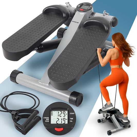 PORTENTUM Mini Steppers for Exercise Workout with Resistance Bands and LCD Display 5 Functions — Stepper 3-in-1 for Legs, Glutes and arms — Adjustable Intensity — Easy to Store Home Workout Equipment