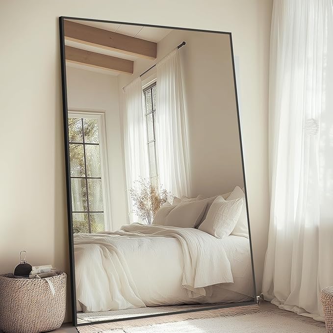 MirrMuse Large Mirror Full Length 72"X44",Oversized Floor Mirror with Stand | Black Aluminum Alloy Frame, Free Standing, for Gym Bedroom Living Room, Hanging or Leaning, Shatterproof Tempered Glass