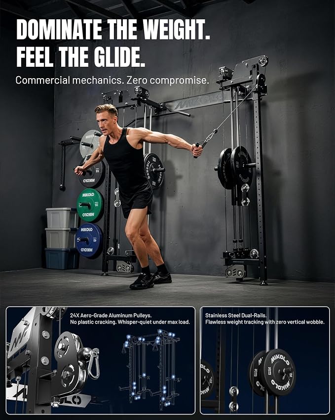 Mikolo Folding Squat Rack, Wall Mounted Power Rack with Cable Crossover Machine & LAT Pull Down, Functional Trainer with 5 Adjustable Function Modes, Home Gym Package