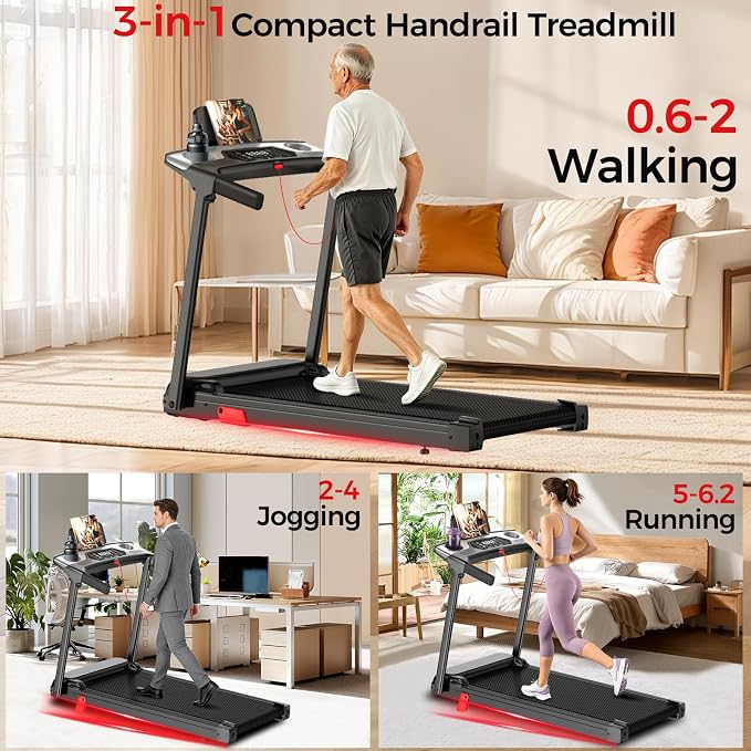 Treadmill with Incline Foldable Treadmills for Home，12% Incline Walking Pad Treadmill with Handle Bar and LED Display，3-in-1 Portable Treadmills, 3.0HP Quiet Brushless